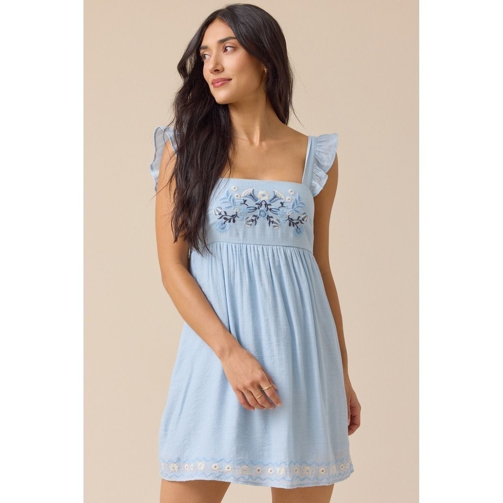 Altar'd State Embroidered Ruffle Strap Mini Dress Blue Size 2XL